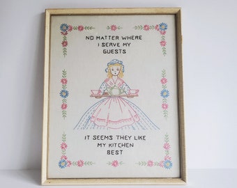 Vintage 1970s Framed Crosstitch "No matter where I serve my guest it seems they like my kitchen best" Crewel Embroidery, needlepoint