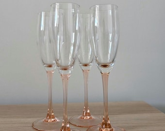Vintage 1980s Luminarc Pink Stem Champagne Flutes Set of 4, Retro Barware