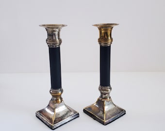 Vintage 1970s Brass Metal and Matte Black Candlesticks. Mid-century, Candlestick Holders Modern Retro Ornate