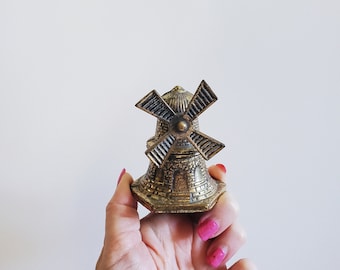 Rare Vintage 1960s Brass Windmill Bell, Antique Figurine, Retro Miniature Bells