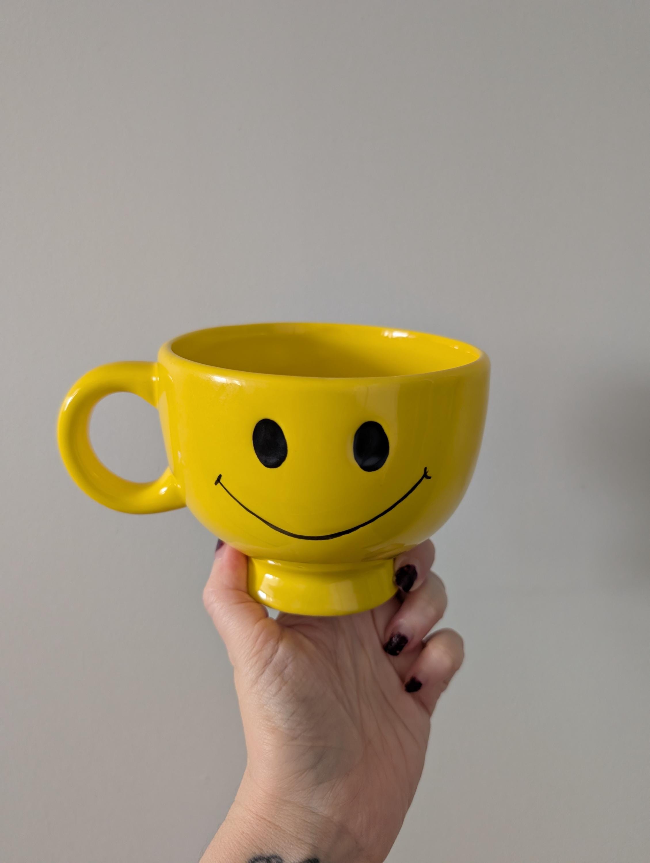 Vintage 1990s Yellow Smile Face Mug, Happy Face Coffee Cup Planter