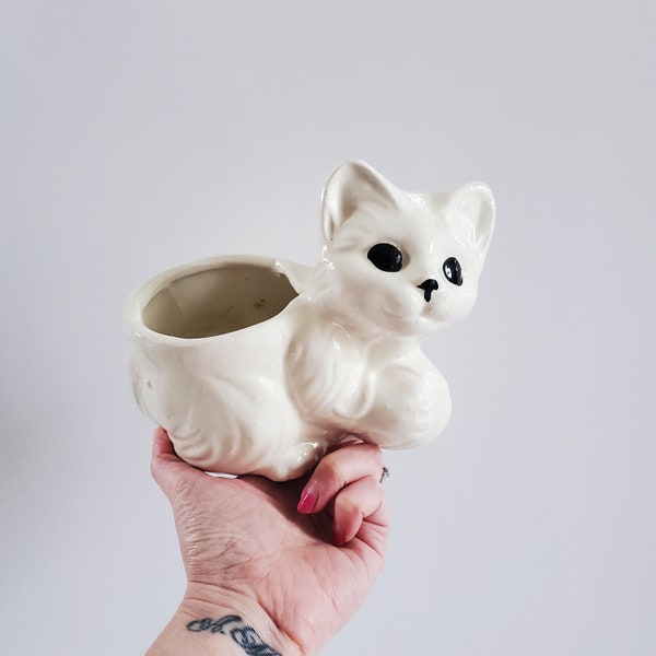 Vase de jardinière chat blanc en céramique MCM vintage, jardinière de chat en poterie, porte-cactus, chaton assis