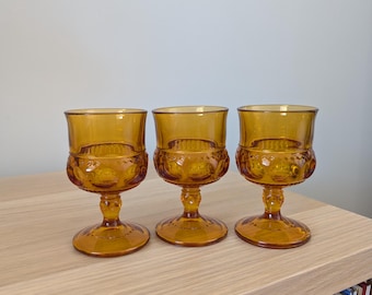Vintage Amber Indiana Glass Kings Crown Wine Goblets - 1970s Set of 3