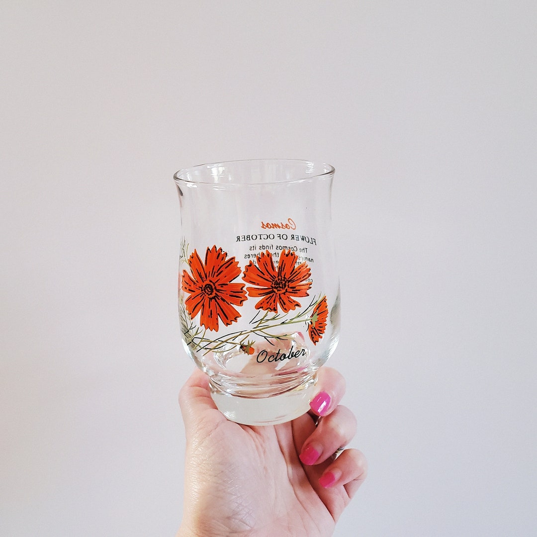 Vintage Brockway Flower of the Month Floral Tumbler, October, Vintage