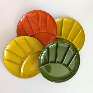 Vintage 60s Mod Divided Plates: Mustard Yellow, Green & Orange Enamel, Set of 4