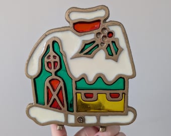 Vintage 1990s Christmas House Tealight Holder, Faux Stained Glass Metal Xmas Decor