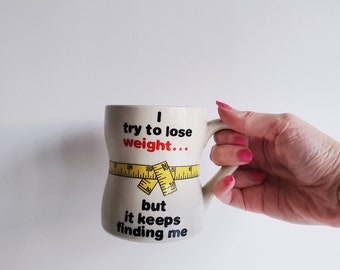 Vintage 1980s "I try to lose weight but it keeps finding me" Ceramic Coffee Mug, Funny Mug Gift, Gag gift Present Mug