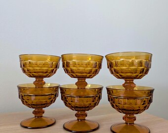 Vintage Indiana Glass Whitehall Amber Dessert Goblets, MCM Retro Barware, Set of 6