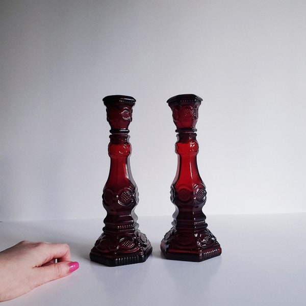 Vintage 1970s Avon Cape Cod Ruby Red Glass Candlestick Holders, Gothic Red Decor