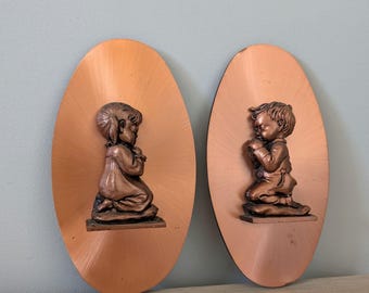 Vintage MCM Copperama Praying Boy Girl Copper Wall Art by Victor