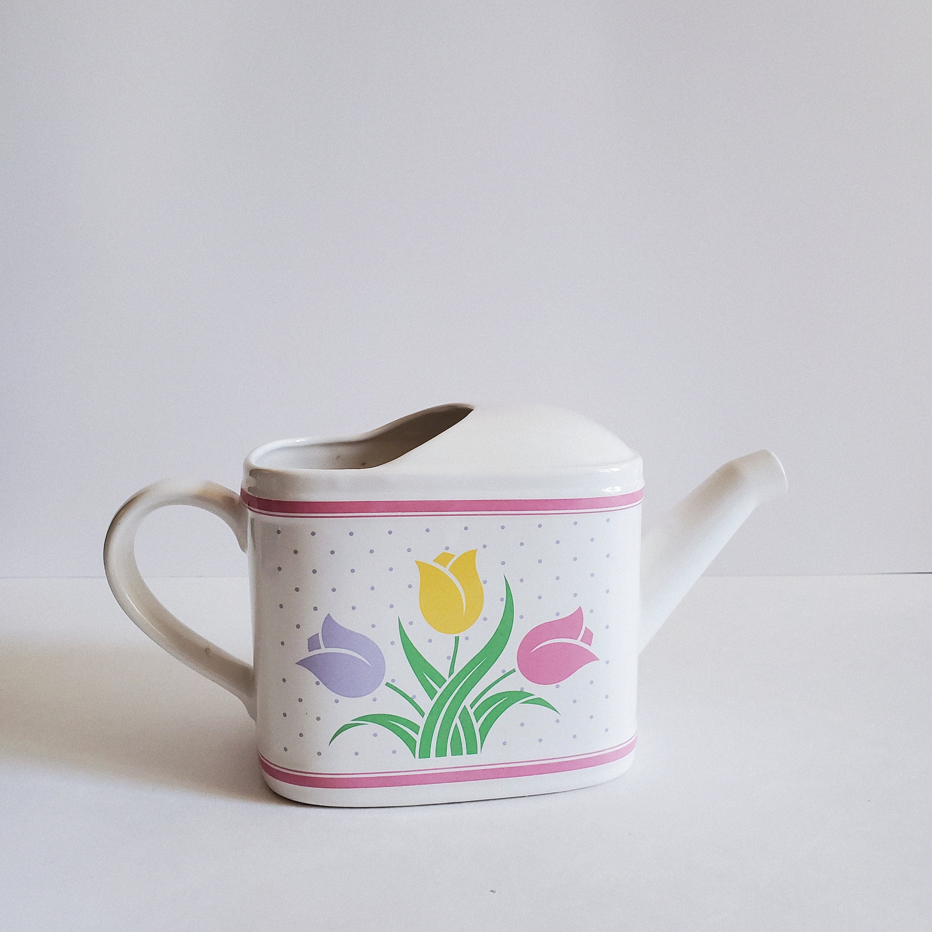 Vintage Teleflora Ceramic Planter Flowers Pink 1985, Watering Can Planter, 1980's Planter