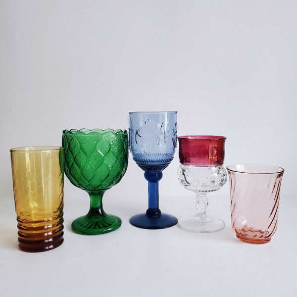 Vintage Choose Your Own Mismatched Coloured Glass Water/Wine Goblets, Retro Wine Glasses, Bohemian Wedding Glassware Decor