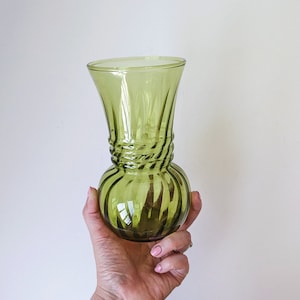 Vintage 1970s Anchor Hocking Olive Green Optic Swirl Glass Vase