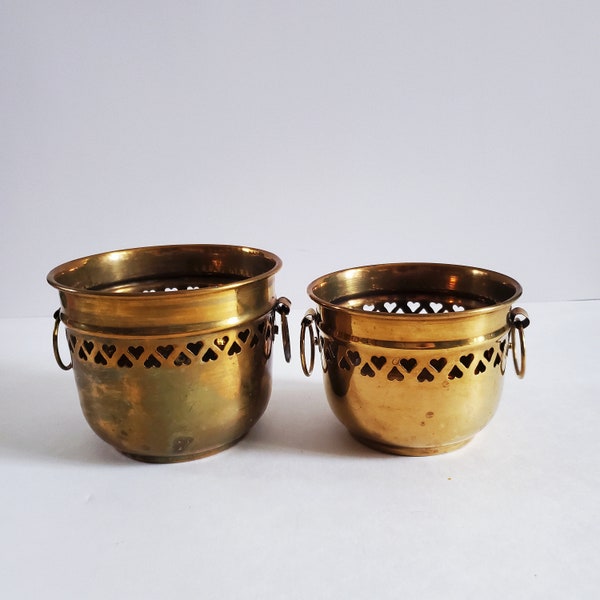 Vintage 1960s Etched Brass Planter Bowls, Rustic Brass Planters, Heart shaped design with handles