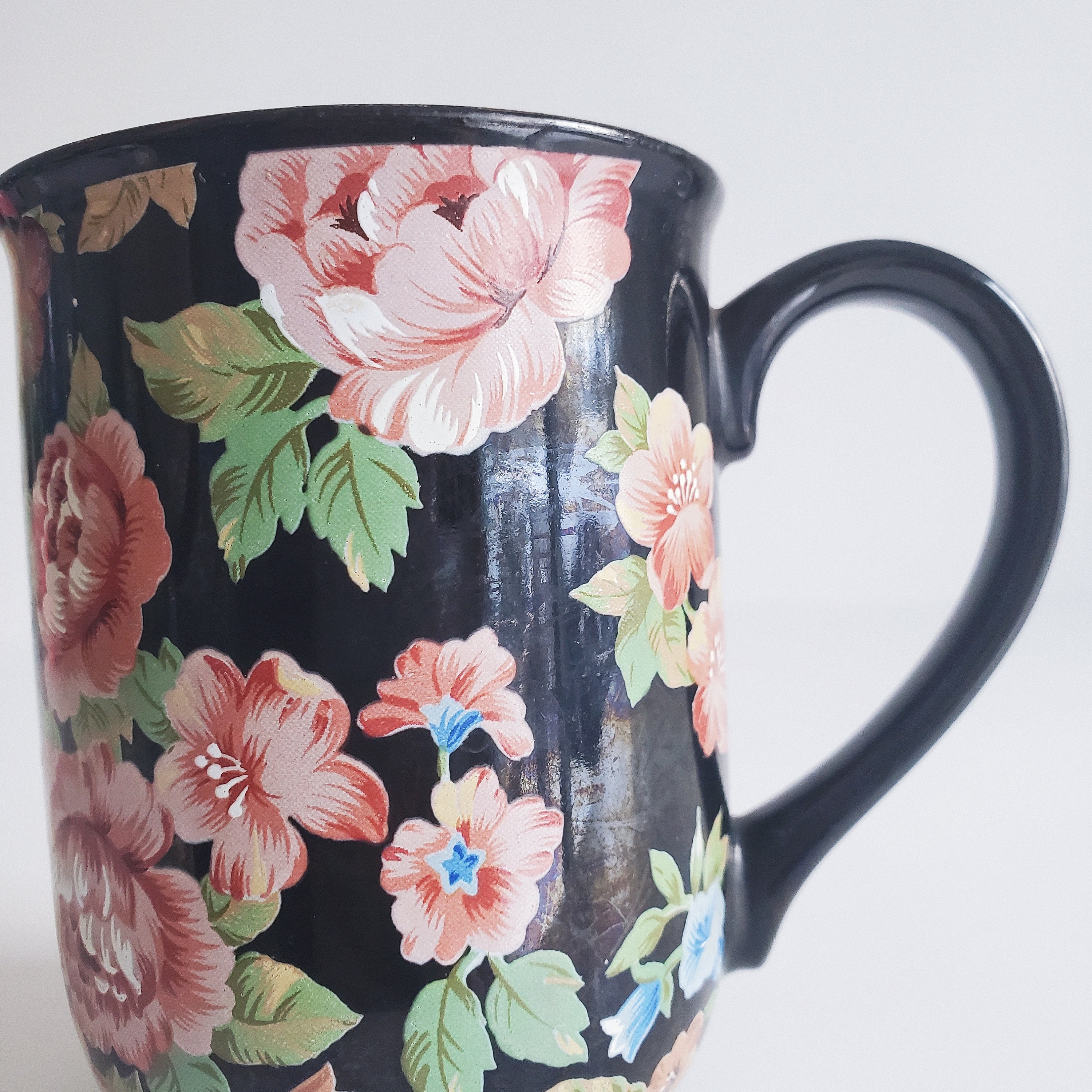 Vintage Otagiri Japan Floral Mug, Black and Pink, Tavistock Garden