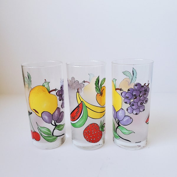 Vintage Frosted Fruit Patterned Juice Glass Tumblers, Made in France, Lemonade Iced Tea Retro Drinking Glasses, Summer Kitchen Glasses