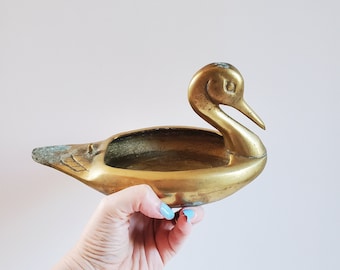 Vintage 1970s Brass Duck Planter, Rustic Brass Planter, Mid Century Modern home decor, gift
