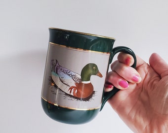 Vintage 1970&#39;s Otagiri Duck Coffee Mug, Dark Green Gold Trim Mallard Cottage Mug