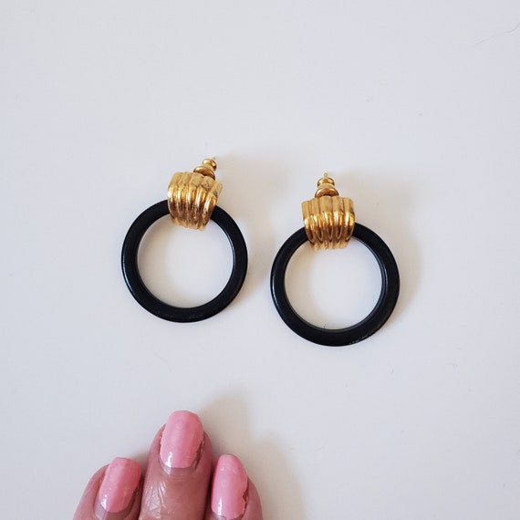 80’s Vintage Black and Gold Plastic Hoop Stud Ear… - image 1