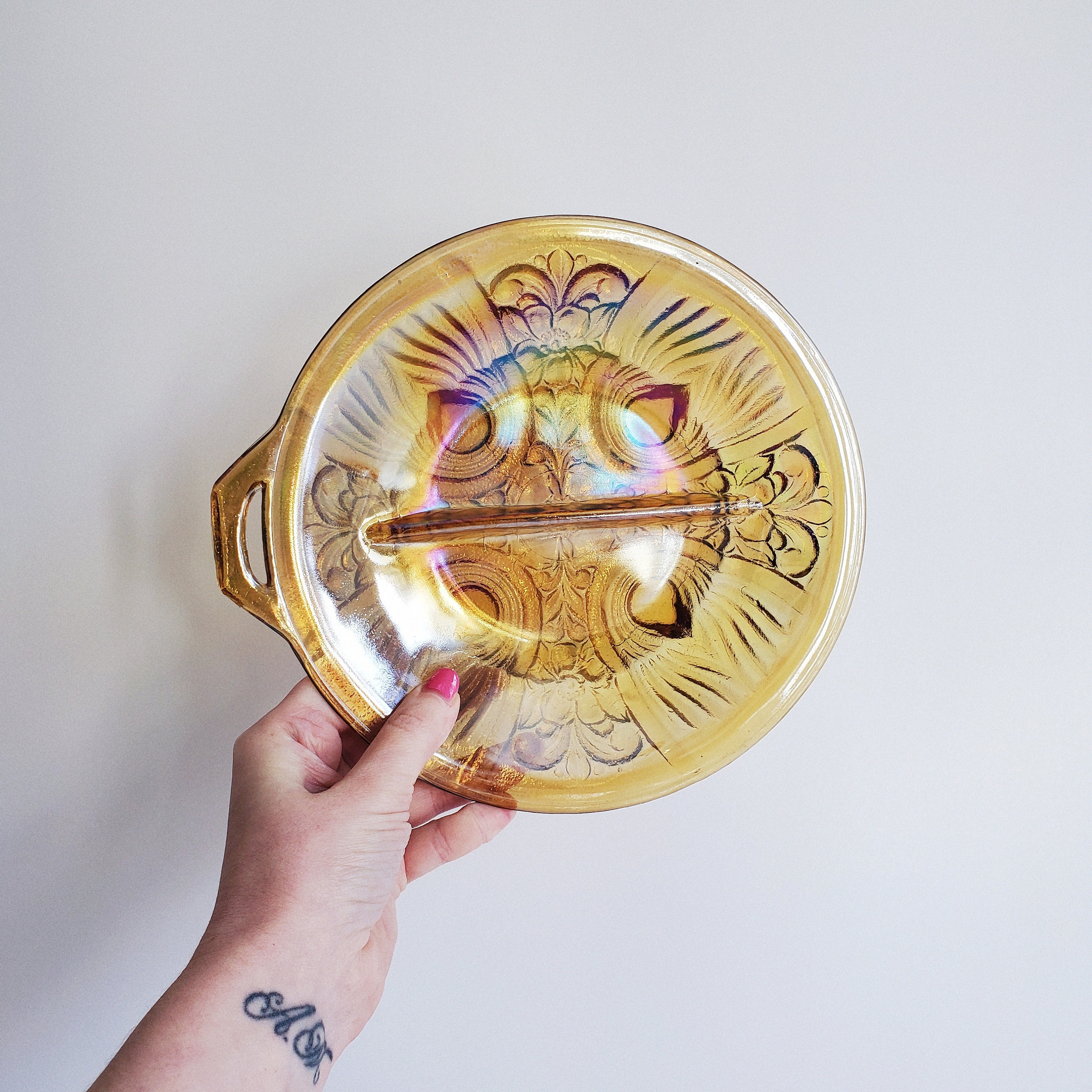 Vintage Marigold Carnival Glass Relish Dish: Killarney Pattern Amber Iridescent Bowl