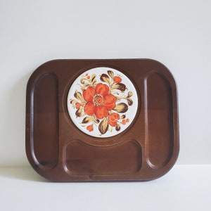 Vintage 1970s Floral Wooden Cheeseboard Tray, Tile Center Piece, Mid Century Charcuterie Serving Platter image 6