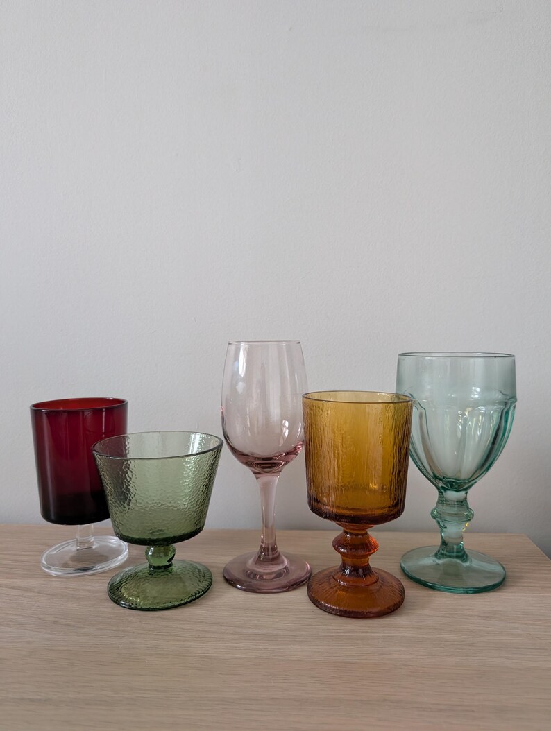Vintage Mismatched Colored Glass Goblets, Retro Wine Glasses, Bohemian Decor image 4