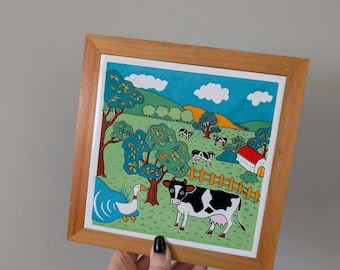 Dessous de plat en carreaux de céramique de ferme vintage des années 1980, scène de canard vache encadrée