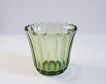 Vintage Indiana Glass Avocado Green Glass Planter, Flower Pot, Candle Holder Scalloped Top