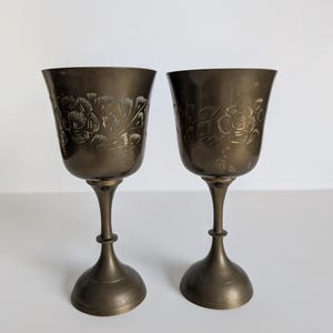 Vintage 1960s Brass Goblets with Floral Etched Design