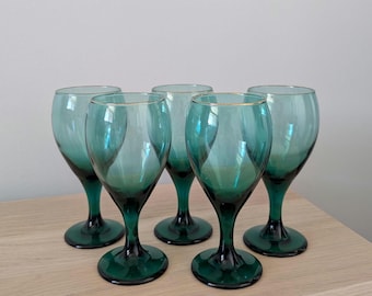 Set of 5 Vintage Libbey Juniper Green Wine Glasses, Gold Rims