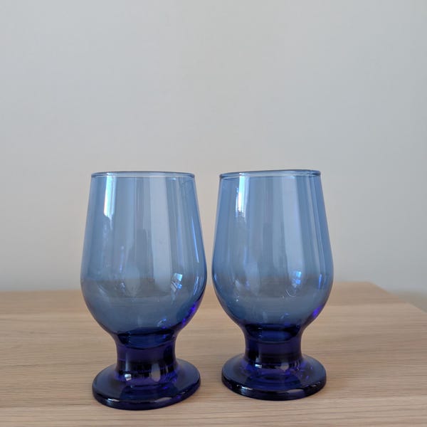 Vintage Cobalt Blue Glass Goblets, Mid-Century Barware, Set of 2