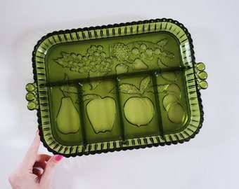 Vintage 1970s Indiana Glass Avocado Green Relish Tray, Serving Platter,  Glass serving Tray, Glass Plant Display Tray