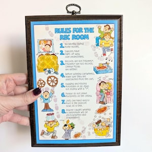 Vintage 1977 "Rules for the Rec Room" Wooden Wall Art decor by Hallmark Cards, Retro Home Decor, Nostalgic Decorative art, Vintage man cave