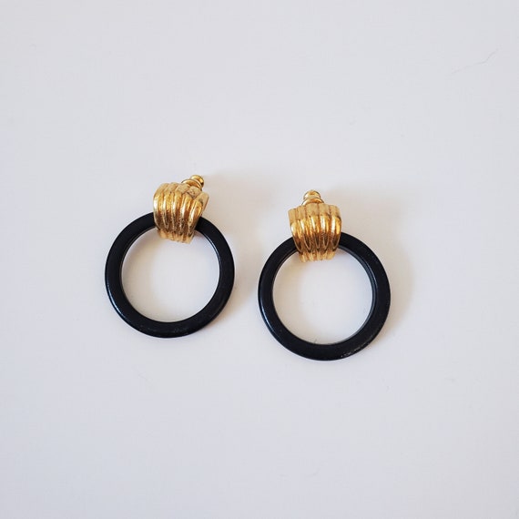 80’s Vintage Black and Gold Plastic Hoop Stud Ear… - image 2