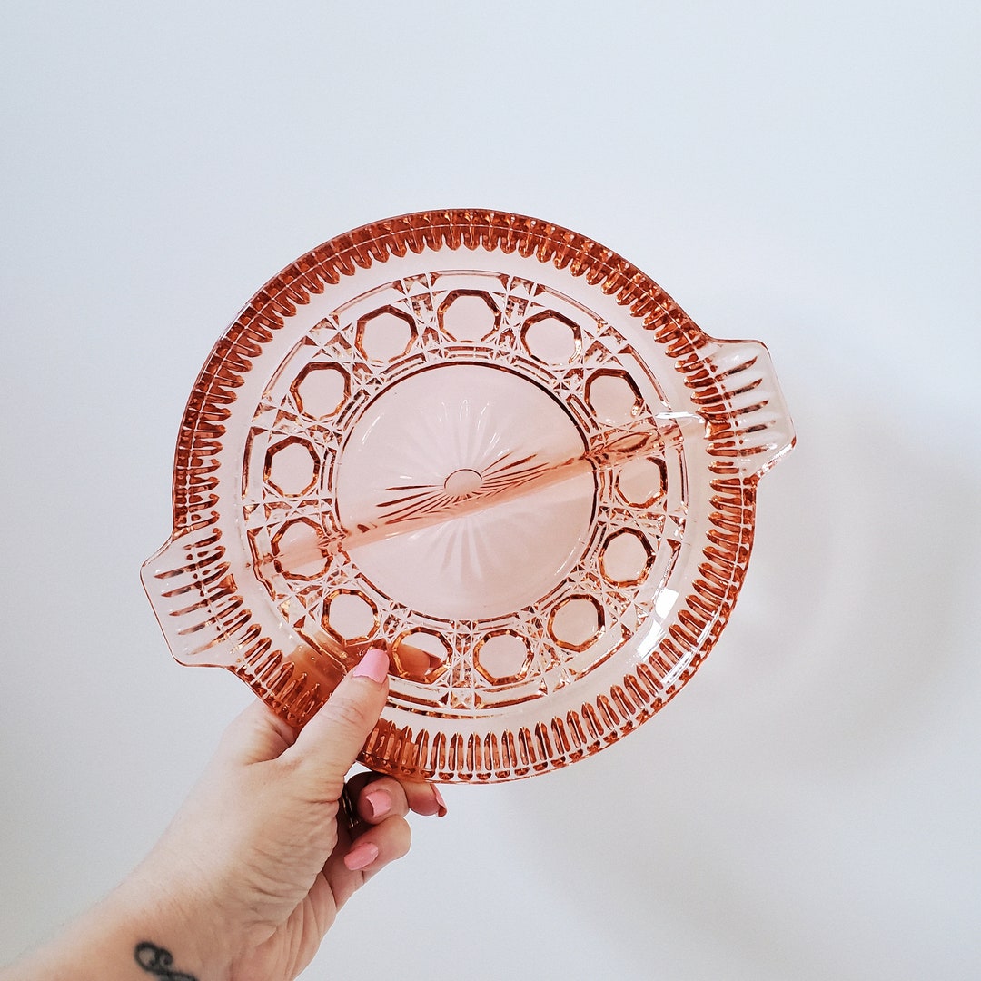 Vintage Pink Depression Glass Divided Candy Dish, Art Deco Bowl, Pink