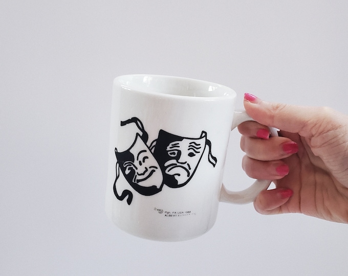 Vintage 1980s Albert Elovitz Comedy Tragedy theatre coffee mug, Black and White mug, Pattern