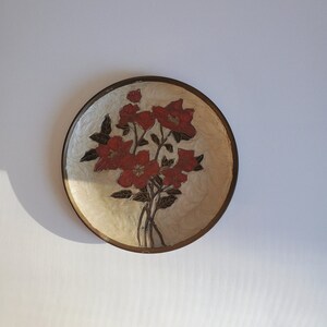 Vintage 1970s Solid Brass and Enamel Plate, Retro Flower design, Catchall dish, Brass Plant Candle Holder image 2