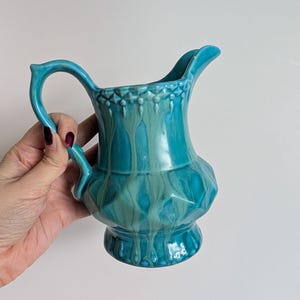 Vintage 1960s Blue Green Ceramic Jug Vase: Retro Farmhouse Pottery Planter