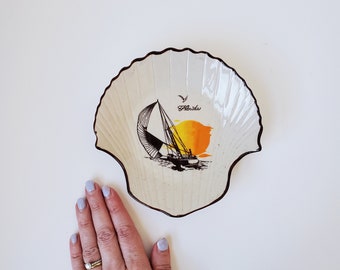 Plato de cerámica vintage de concha de Florida, plato de jabón de concha marina, plato de baratija de joyería de concha, decoración de la casa de playa