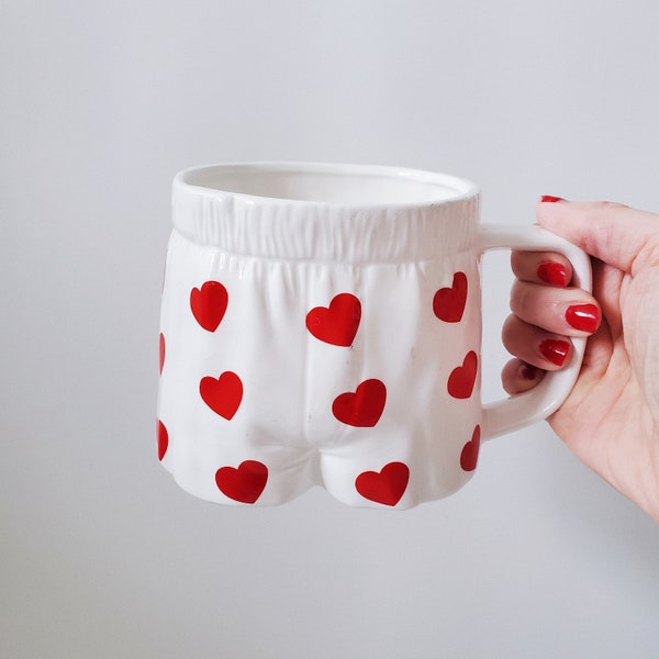 Vintage 1980s Red Heart Boxer Shorts Coffee Mug, Retro Boyfriend Girlfriend gift, Husband Wife Valentines day present, Retro Planter