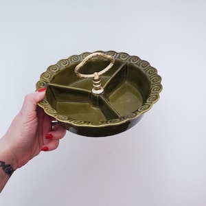 Vintage Mid Century California Art Pottery Dish, Midcentury California Art Green Pottery, Green Divided Dish, Retro serving plate