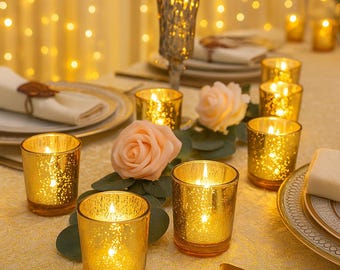 Elegant 6 Pack Golden Glass Candle Holders | Wedding Centerpiece Decor