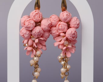 Handcrafted Light Pink Floral Statement Earrings: Flower Cluster Earrings, Botanical Earrings, Handcrafted jewelry, Clay Flower dangles