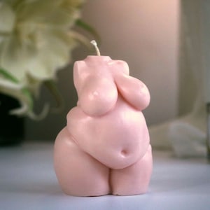 Könnte beinhalten: Eine hellrosa Kerze in Form eines weiblichen Torsos. Die Kerze hat einen Docht und ist so geformt, dass sie eine kurvige Figur darstellt. Der Hintergrund umfasst ein verschwommenes Blumenarrangement und einen Duftdiffusor.
