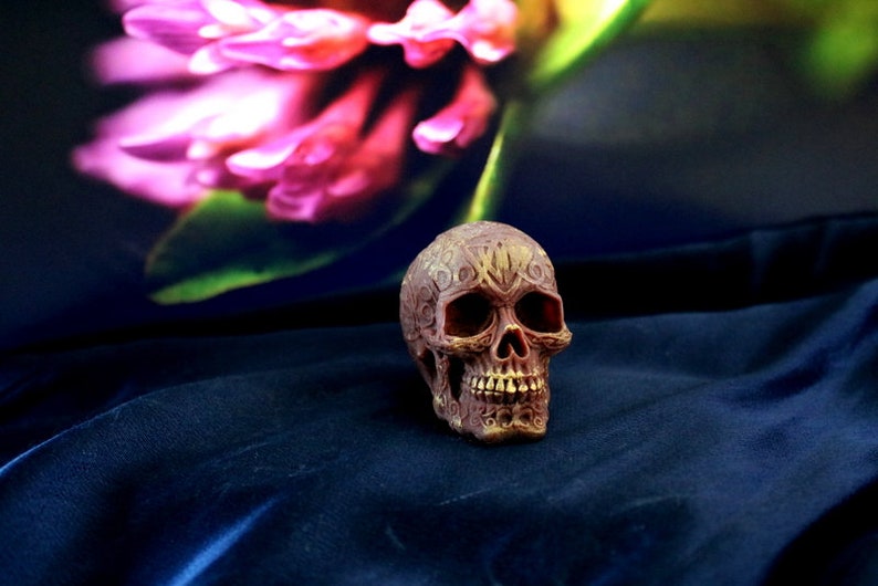 May include: A detailed, brown skull figurine with intricate carvings. The skull has open eye sockets and a detailed jawline. The background features a blurred pink flower and a dark blue fabric.