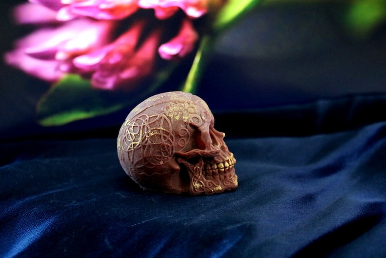 May include: A detailed, reddish-brown skull figurine with gold accents. Intricate Celtic knot patterns adorn the skull's surface. The teeth are also highlighted in gold. The skull rests on a dark blue velvet surface.