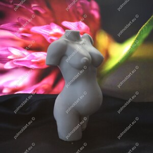 May include: A pale grey sculpture of a pregnant torso. The sculpture depicts a woman's upper body, with detailed breasts and abdomen. The background shows a blurred image of pink flowers and green foliage.