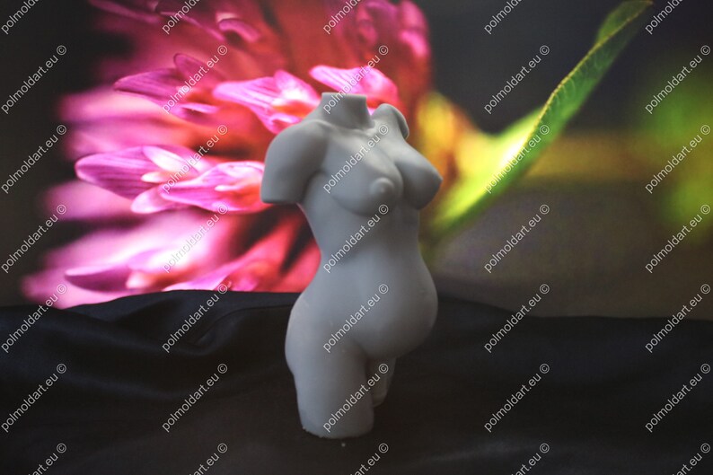 May include: A pale grey sculpture of a pregnant torso. The sculpture depicts a woman's upper body, with detailed breasts and abdomen. The background shows a blurred image of pink flowers and green foliage.