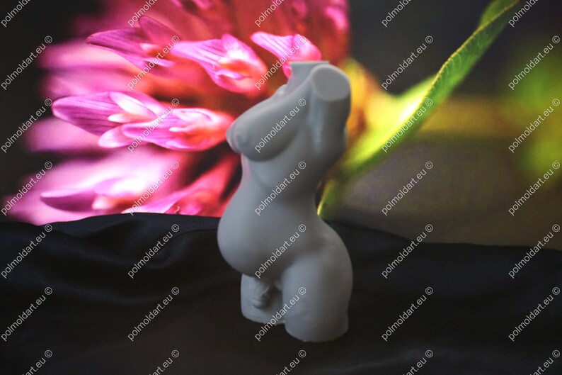 May include: A white sculpture of a pregnant torso. The sculpture has a smooth, matte finish. The background features a blurred image of pink and green floral elements.