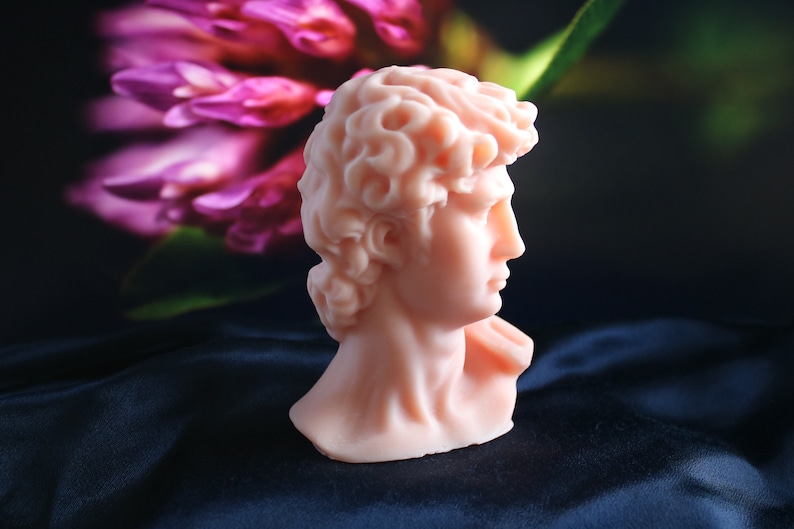 May include: A light pink bust of a classical figure, likely a sculpture, with detailed facial features and curly hair. The bust is set against a dark blue fabric and a blurred background of purple flowers.